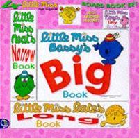 Little Miss 4 in 1 Board Book Set. "Little Miss Bossy's Big Book", "Little Miss Neat's Narrow Book", "Little Miss Tiny's Tiny Book, "Little Miss Late's Long Book"