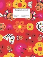Composition Book College-Ruled Frida Folk Art Inspired Red Pattern