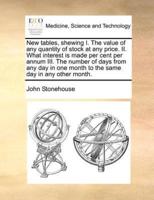 New tables, shewing I. The value of any quantity of stock at any price. II. What interest is made per cent per annum III. The number of days from any day in one month to the same day in any other month.