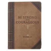 Classic Faux Leather Journal Strong and Courageous Joshua 1:9 Bible Verse Antiqued Brown Inspirational Notebook, Lined Pages W/Scripture, Ribbon Marker, Zipper Closure