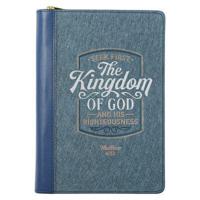 Classic Faux Leather Journal Seek First the Kingdom of God Mathew 6:33 Blue Inspirational Notebook, Lined Pages W/Scripture, Ribbon Marker, Zipper Closure