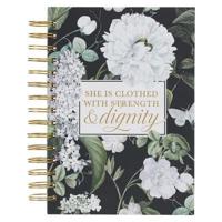 Christian Art Gifts Journal W/Scripture Strength & Dignity Proverbs 31:25 Bible Verse Black Floral 192 Ruled Pages, Large Hardcover Notebook, Wire Bound