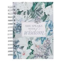 Christian Art Gifts Journal W/Scripture She Speaks With Wisdom Proverbs 31:26 Bible Verse Blue Floral 192 Ruled Pages, Large Hardcover Notebook, Wire Bound