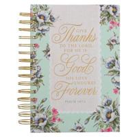 Christian Art Gifts Journal W/Scripture Floral Give Thanks Psalm 107:1 Bible Verse Cream Mint 192 Ruled Pages, Large Hardcover Notebook, Wire Bound