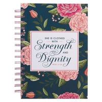 Christian Art Gifts Journal W/Scripture Strength & Dignity Proverbs 31:25 Bible Verse Navy Floral 192 Ruled Pages, Large Hardcover Notebook, Wire Bound