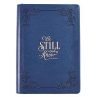 Classic Faux Leather Journal Be Still and Know Psalm 46:10 Bible Verse Navy Blue Inspirational Notebook, Lined Pages W/Scripture, Ribbon Marker, Zipper Closure