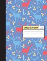 Wide Ruled Composition Notebook - Christmas Party With Blue and Red Reindeer