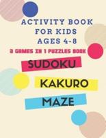 "Activity Book for Kids Ages 4-8" 3 Games in 1 Puzzles Book