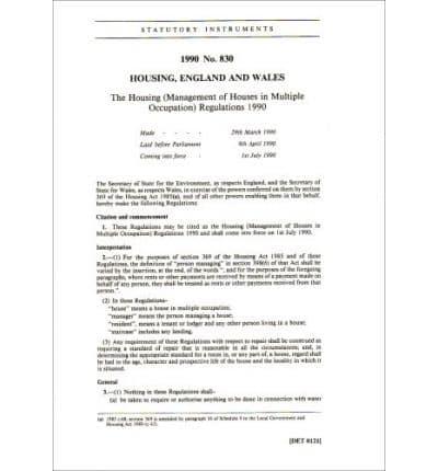 The Housing (Management of Houses in Multiple Occupation) Regulations 1990