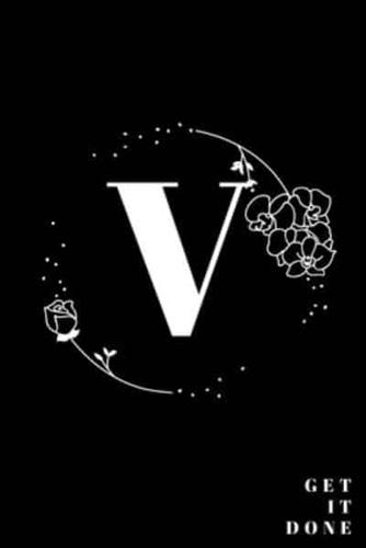 Simple Black Initial Letter V Notebook With Rose Floral Journal for Women, Girls Birthday Gift and School