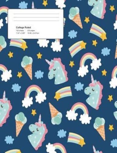 Unicorn Blue Pattern Composition College Ruled Book (7.44 X 9.69) 200 Pages V4
