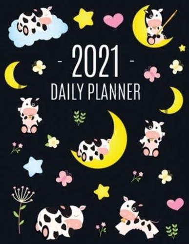 Cow Planner 2021: Cute 2021 Daily Organizer: January - December (with Monthly Spread)   For School, Work, Appointments, Meetings & Goals   Large Funny Pretty Farm Animal Year Agenda   Beautiful Blue Yellow Pink Weekly Scheduler with Calf, Moon & Hearts