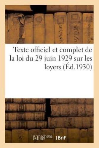 Loi du 29 juin 1929 sur les loyers, modifiant et complétant la loi du 1er avril 1926