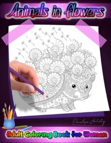 Animals in Flowers Adult Coloring Book for Women