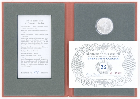 The First Fine Silver Coinage of the Republic of San Serriffe. The Bird & Bull Press Commemorative 100 Coronas.